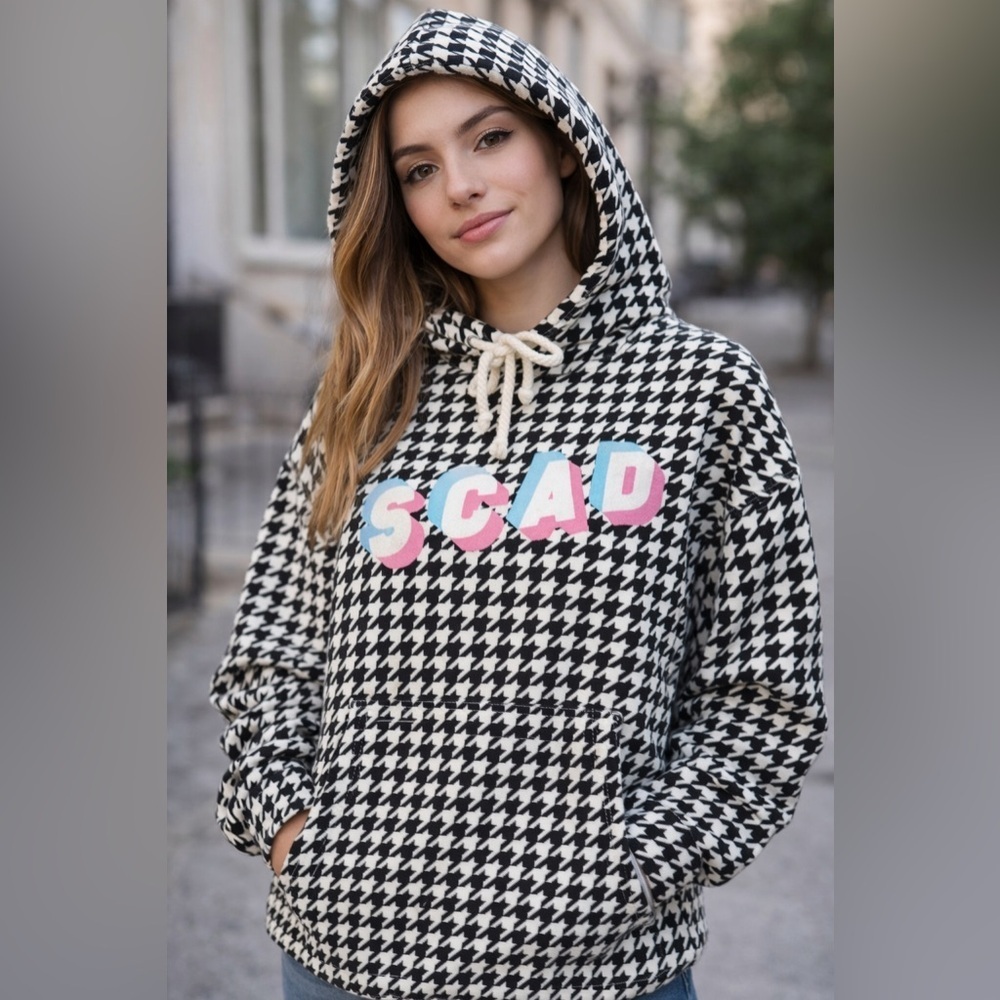 Chic Houndstooth Hoodie with Graphic Detail